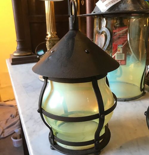pair of arts crafts steel lanterns with vaseline shades c1900