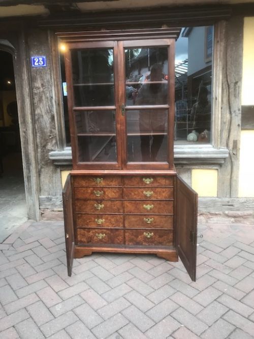 18thc walnut bookcase cabinet of small proportion with fitted drawers
