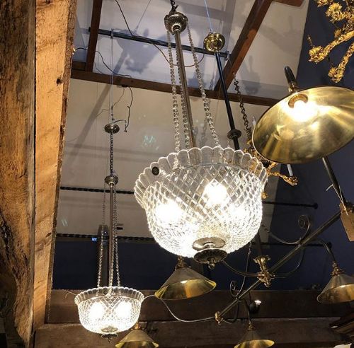 a pair of edwardian cut glass plated bowl chandeliers