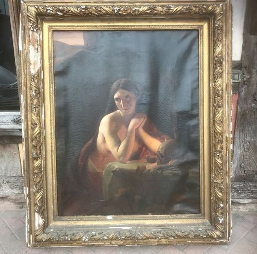 19thc large oil painting on canvas in gilded frame signed