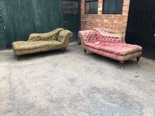 a pair of 19th century turned leg chaise longues