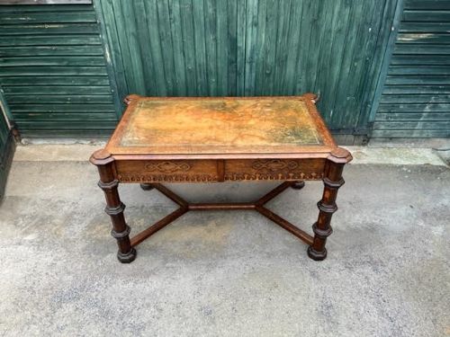 19th century oak gothic revival 2 drawer freestanding writing table