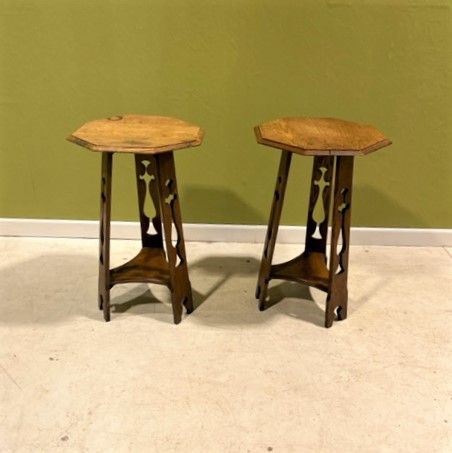 a pair of early 20th century oak arts and crafts lamp tables
