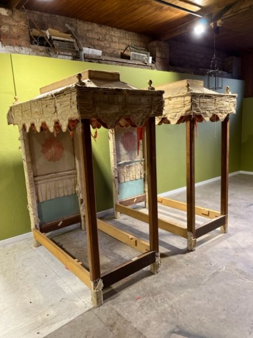 pair of early 20th century upholstered single fourposter canopy beds