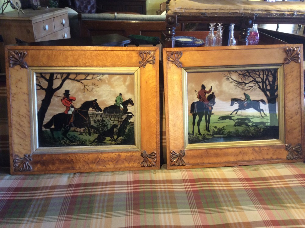 19th c pair of hunting scenes in birds eye maple frames