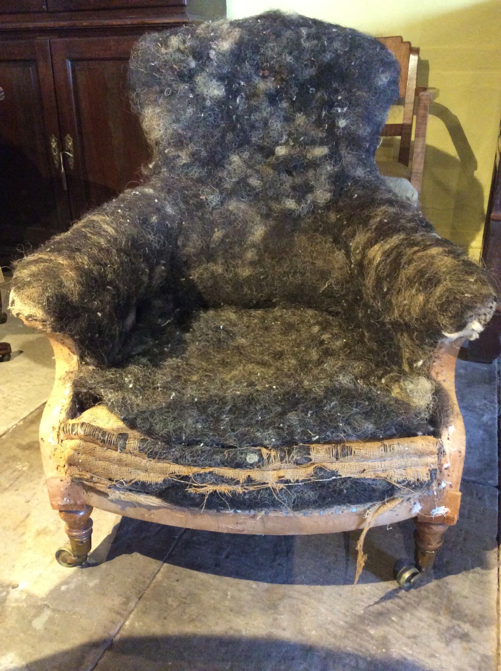 19thc birchwood armchair for upholstery