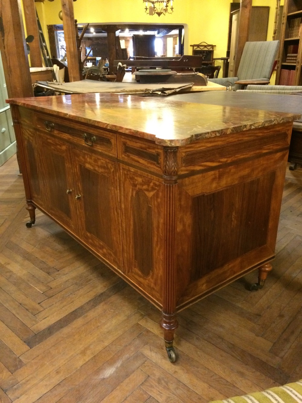 19thc rosewood satinwood mahogany side cabinet with sanguine marble top
