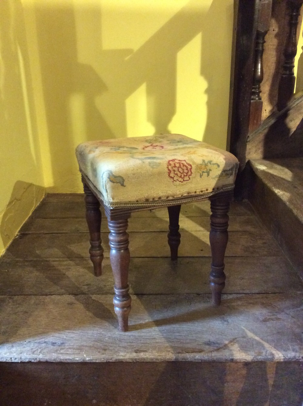 19thc mahogany square shaped stool with tapestry top
