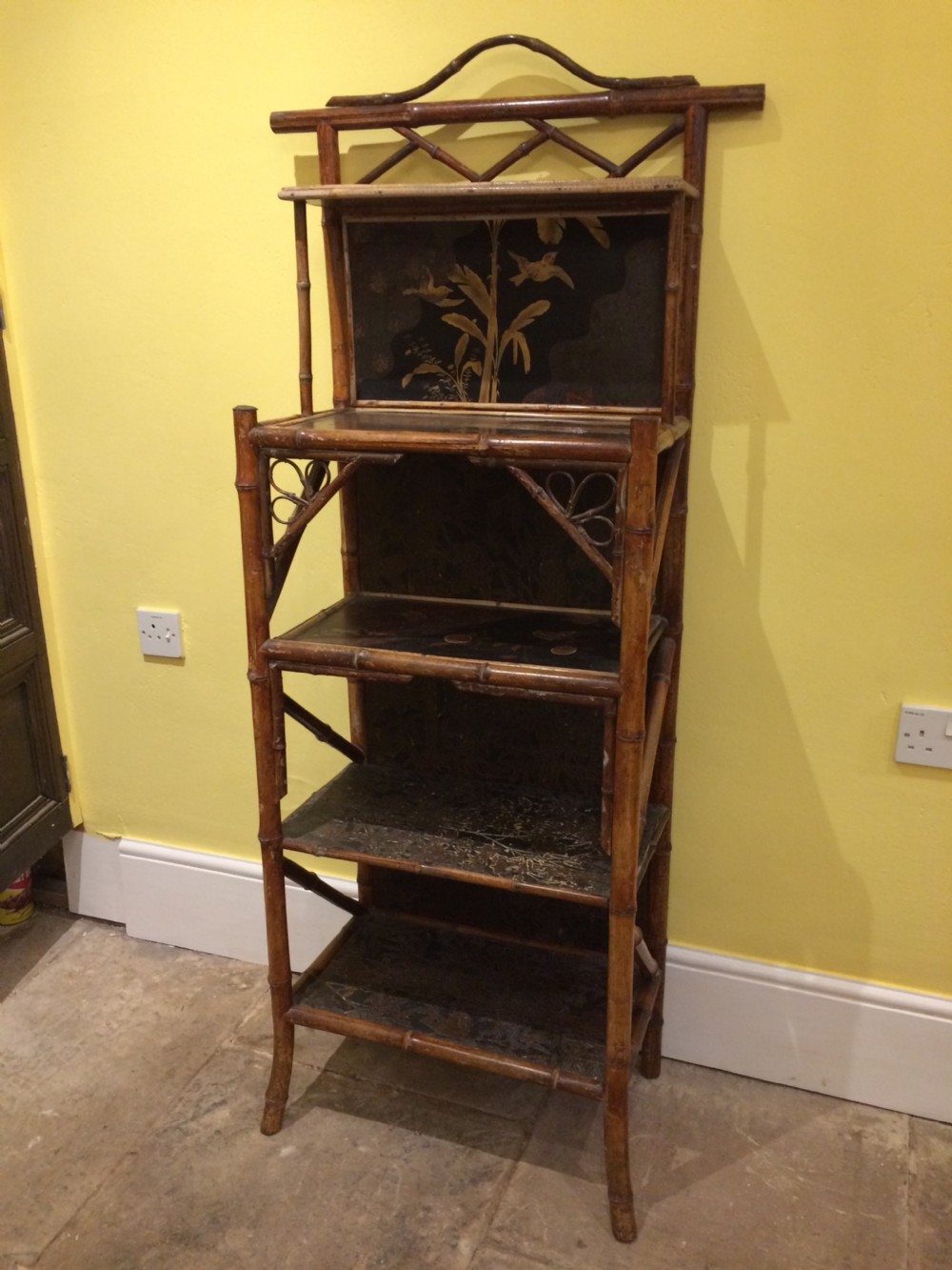 19thc set of 5 tier bamboo shelves with chinoiserie decorations