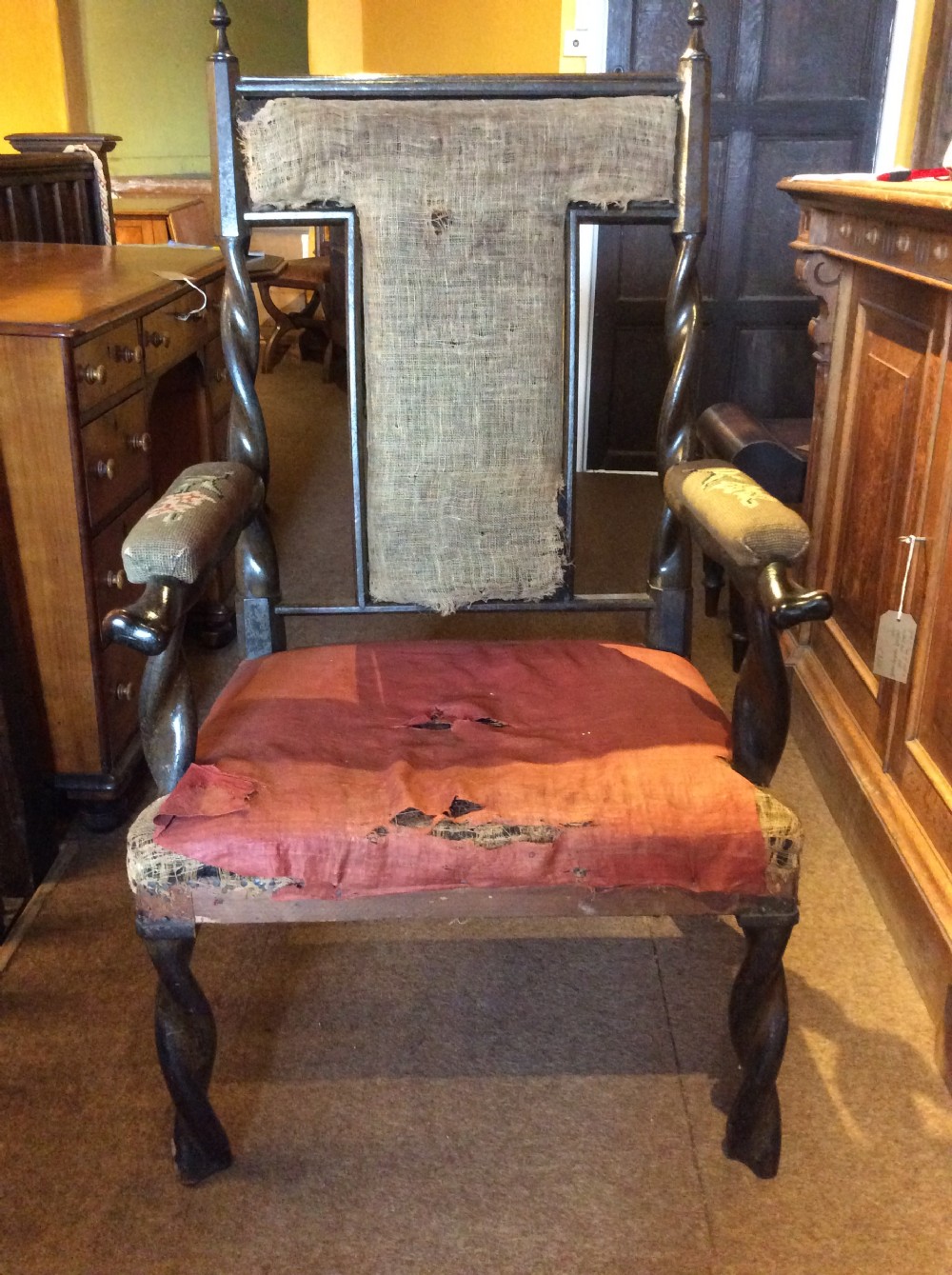 19thc twisted wood armchair for upholstery