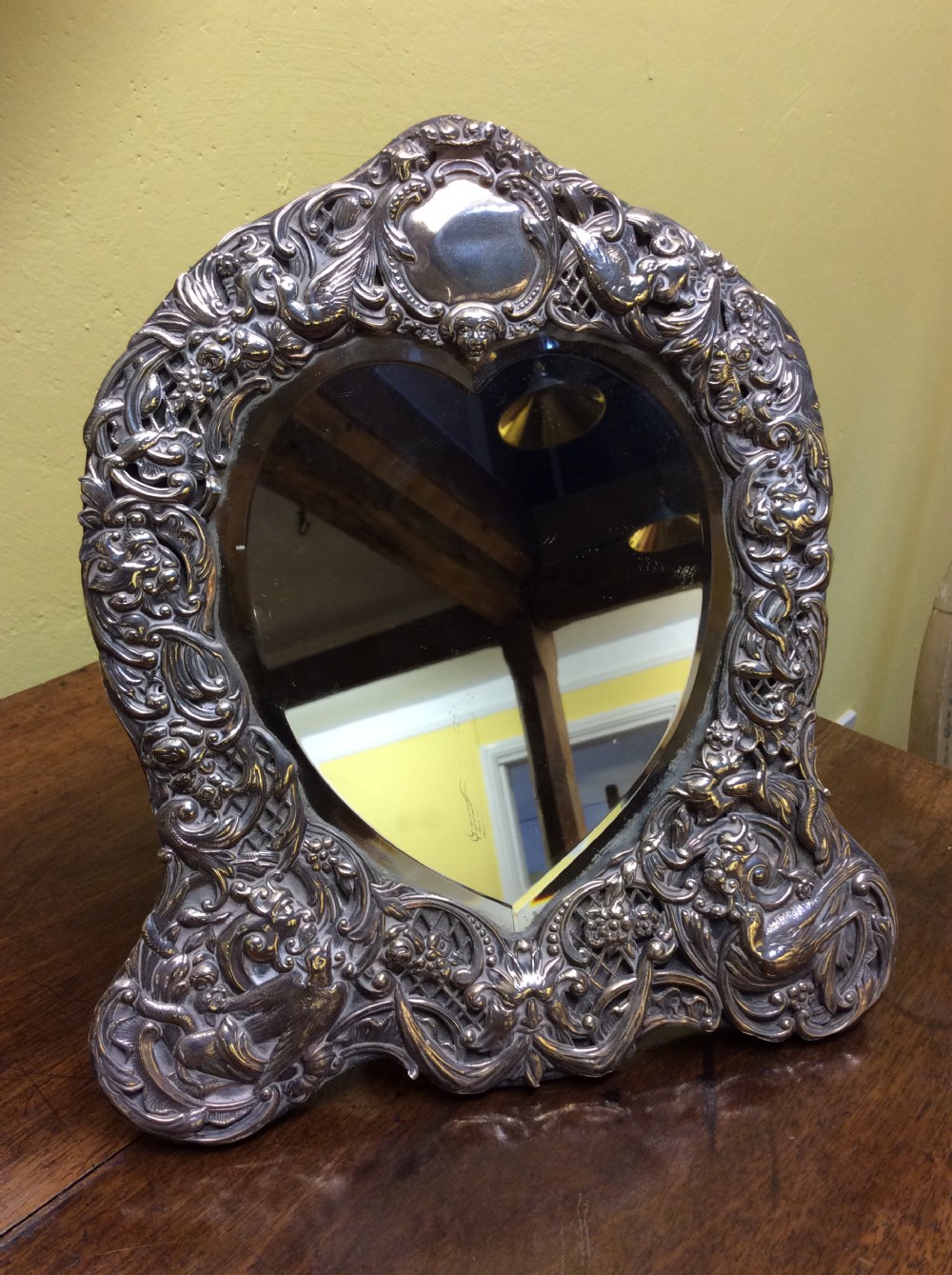 a fine victorian heart shape silver table mirror