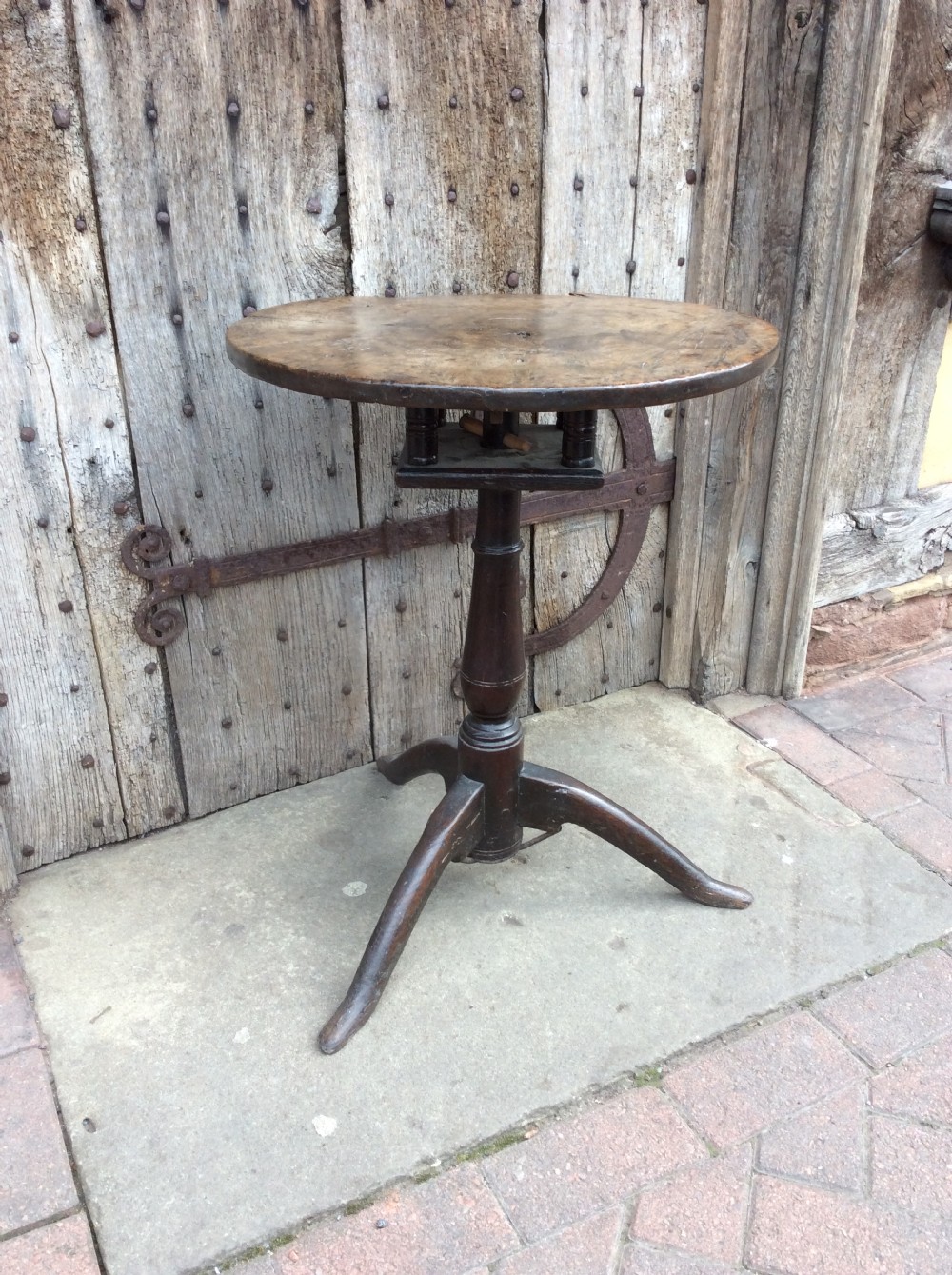 18thc oak primitive tripod table with birdcage