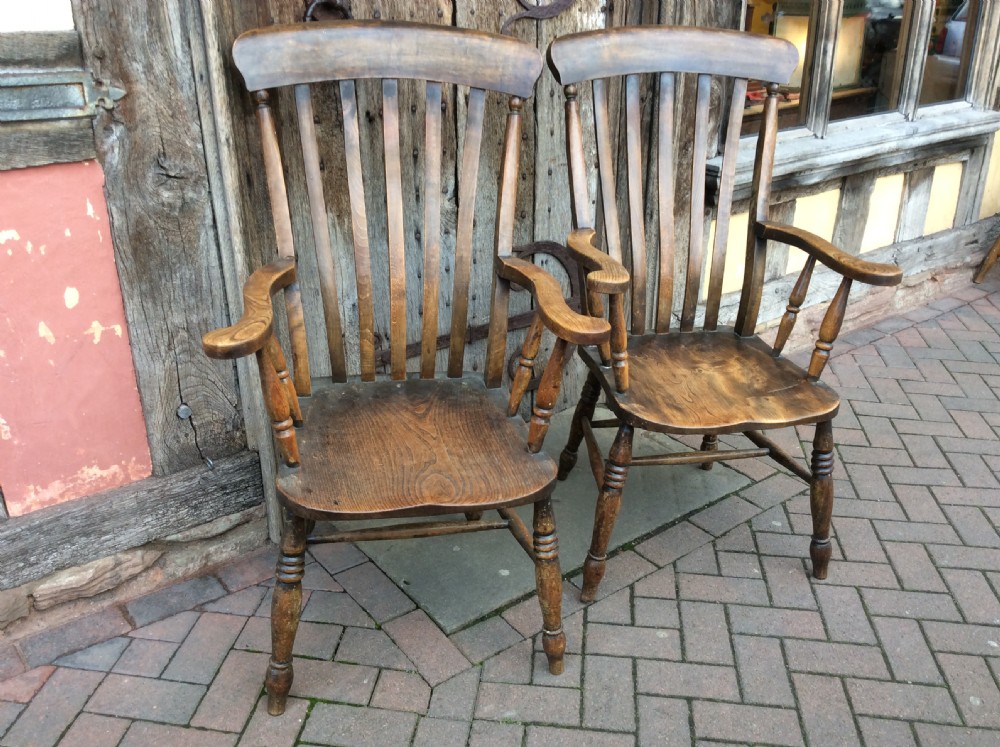 pair of 19thc country elm armchairs