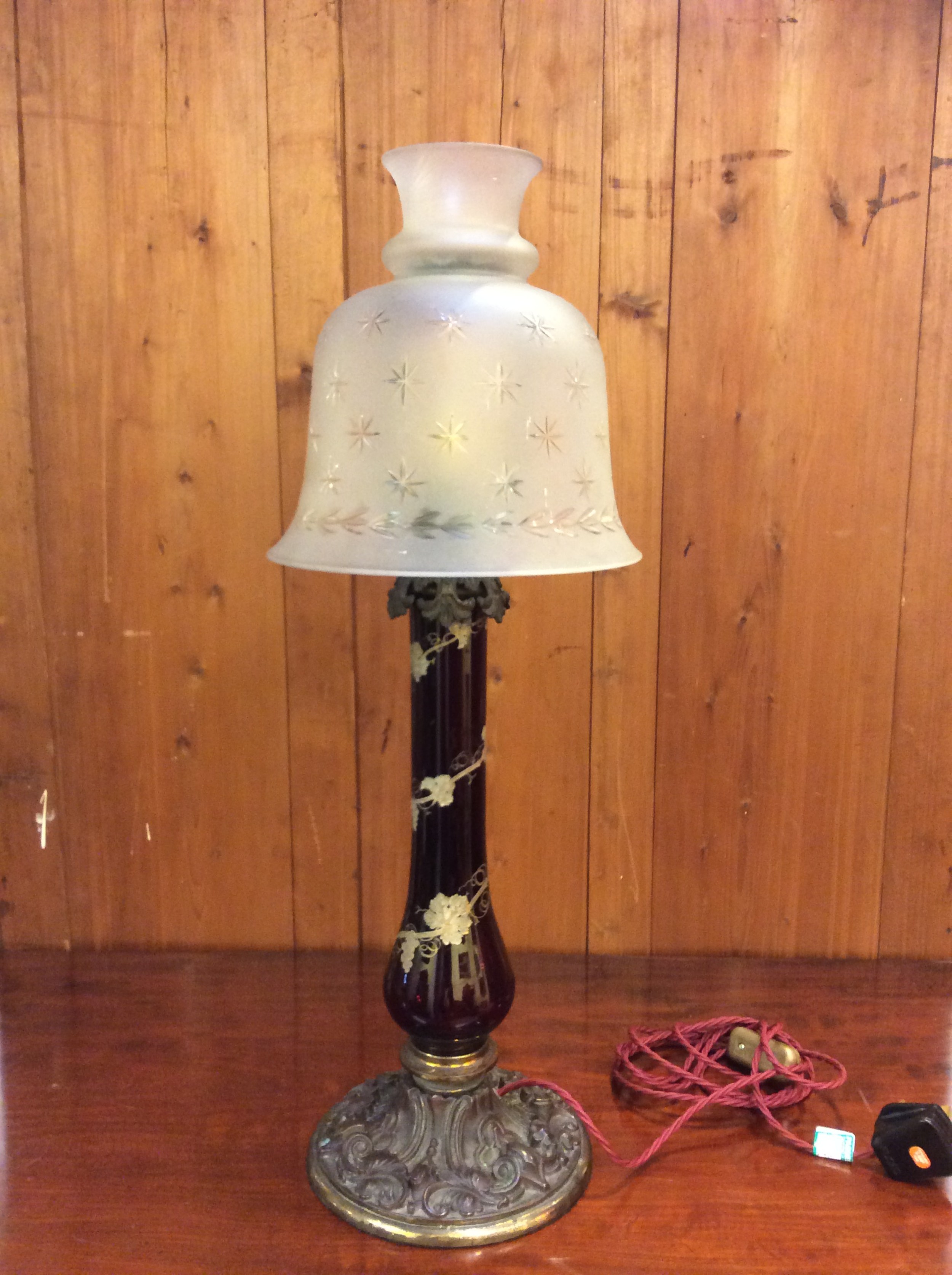 19thc cranberry glass a brass lamp with shade