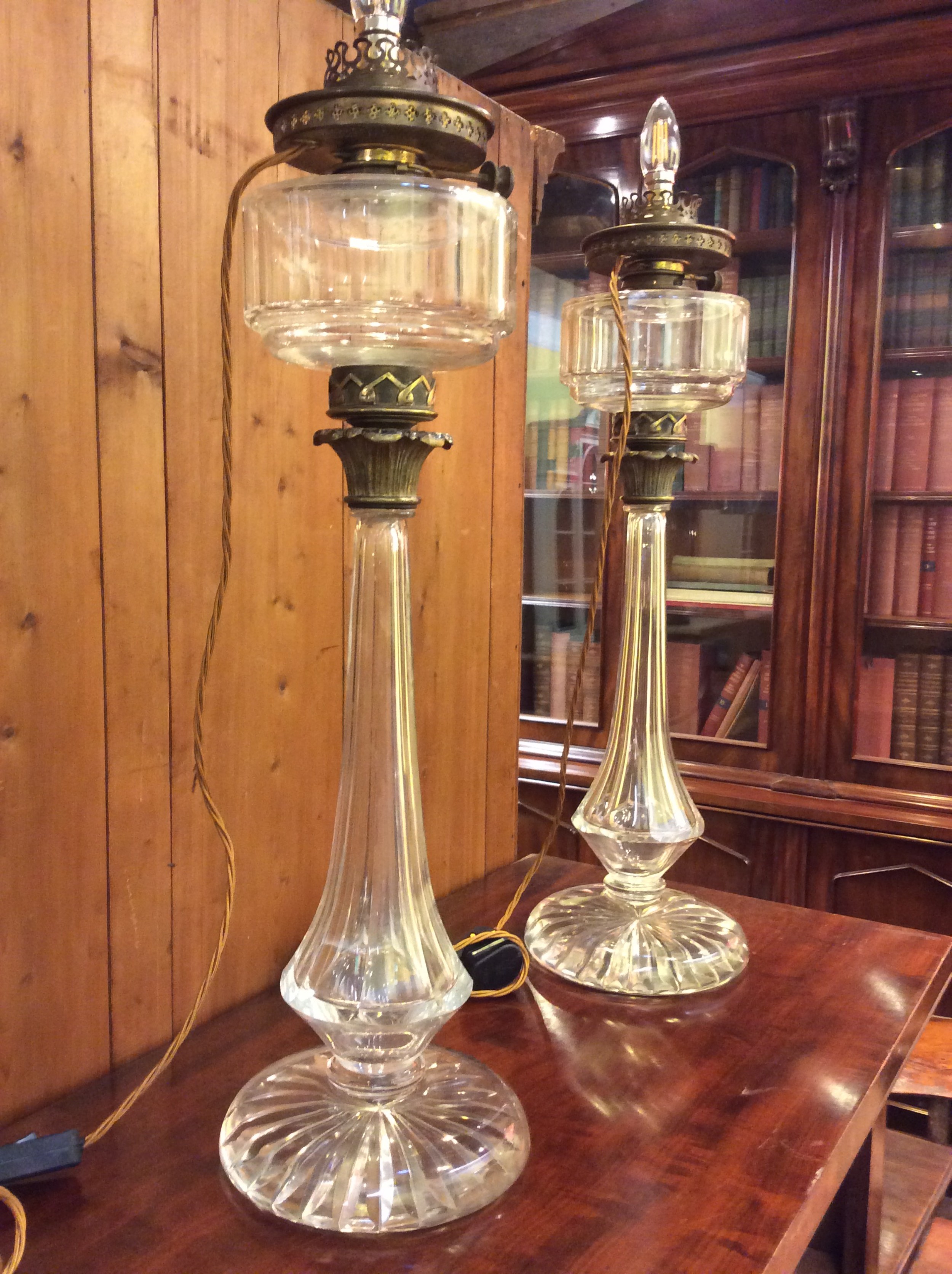 19thc pair of tall glass lamps
