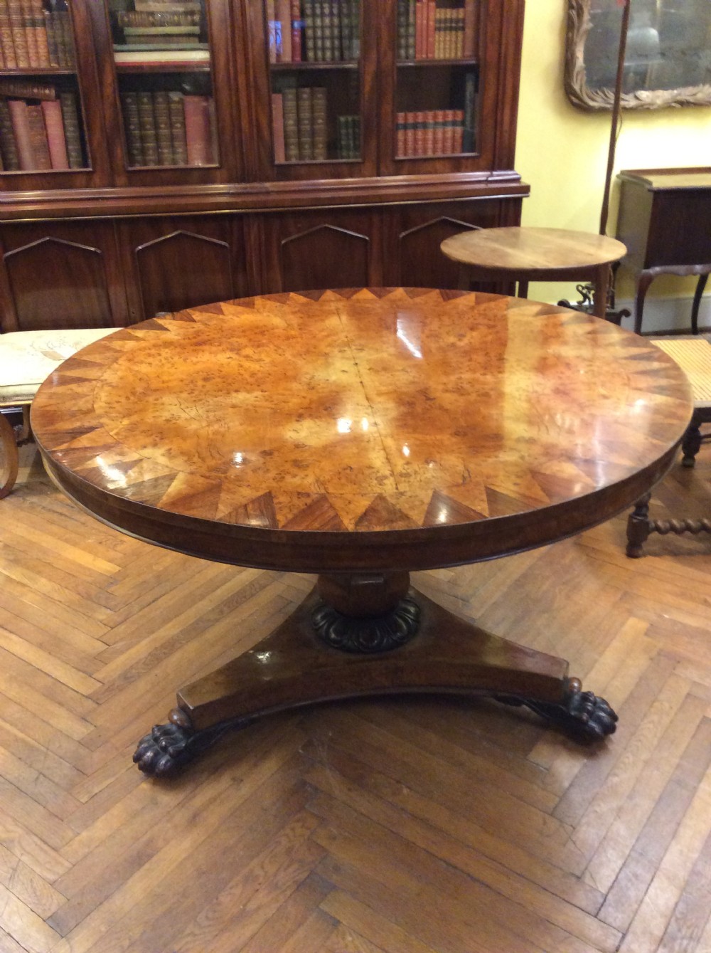 a 19thc burr oak and rosewood circular table