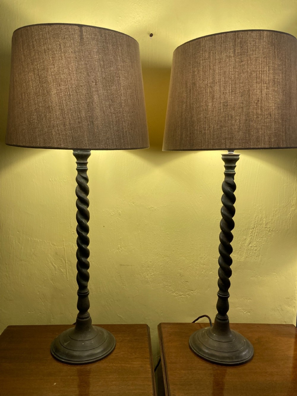 a pair of 19th century tall twisted column patinated brass table lamps