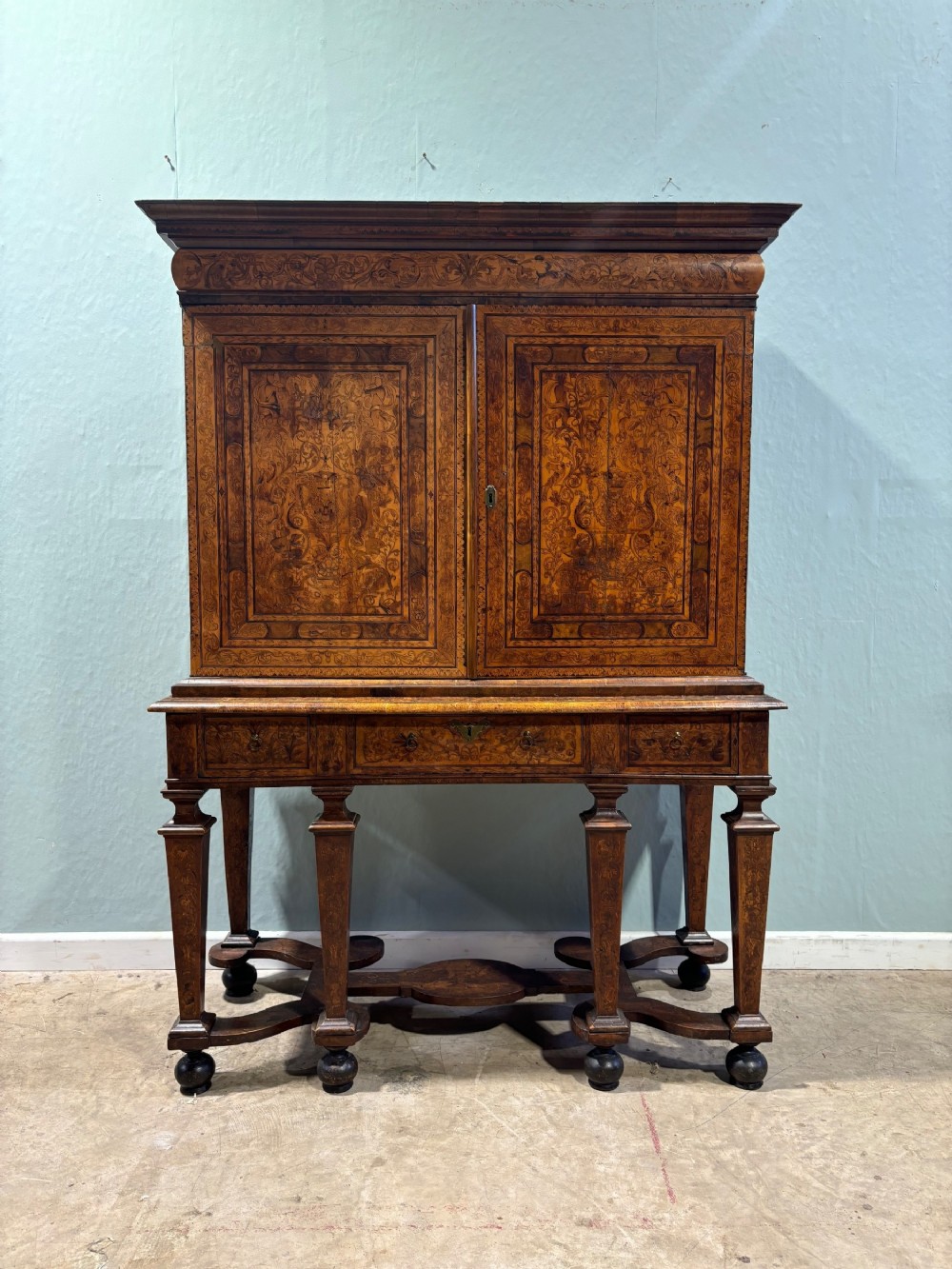 17th century seaweed marquetry walnut cabinet on stand